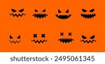 Happy Halloween collection pumpkins. Pumpkins isolated. Main symbol of Happy Halloween holiday. Collection orange pumpkins with scary spooky smile Halloween. Vector illustration. Face pumpkins.