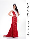 Small photo of Full Length of Miss Pageant Contest in Asian Red Sequin Evening Ball Gown dress with Silver Diamond Crown Sash, fashion make up face hair style, studio lighting white background isolated copy space