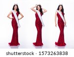 Small photo of Portrait of Miss Asian Pageant Beauty Contest in Red sequin Evening Ball Gown long dress with light Diamond Crown and sash, studio lighting white background, collage group pack of full length body