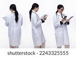 Small photo of Half body 30s 40s Asian Woman Doctor with stethoscope, 360 front side back rear view, wear formal Coat pant shoes. Smile Hospital female carry Patient Chart phone over white background isolated