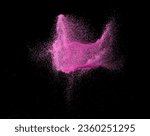 Small photo of Pink Sand flying explosion, particle dot grain wave explode. Abstract cloud fly. Choky pink colored sand splash throwing in Air. Black background Isolated
