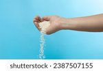 Small photo of Farmer scatter Paddy white Rice grain fly in harvest field. Yellow Golden Paddy Rice falling farm, farmer scatter rice in farm by hand fingers. Blue sky background isolated freeze motion