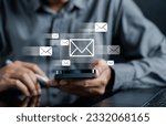Small photo of Email Sending online connection network, businessman using online letter contact and communication, email icon, email marketing, send e-mail or newsletter, online working internet network.