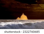 Small photo of Abstract rending of illuminated lighthouse against the dark sky exposing a choppy ocean
