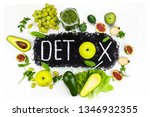 Concept of diet, word detox is made from black cumin seeds. Green smoothies and ingredients. Aavakado, figs, feijoa, cleansing the body, healthy eating,detox inscription.