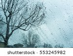 Drops of rain on the windshield, tree branches in the background