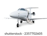 Small photo of Close-up of the modern private jet with an opened gangway door isolated on white background