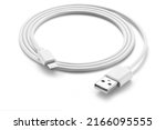 White simple USB lightning cable, rolled up, isolated on white background
