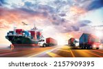 Small photo of Logistics import export of containers cargo freight ship, truck transport with red container on highway at port cargo shipping dock yard background, copy space, plane, transportation industry concept