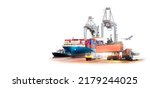 Small photo of Global business logistics transport import export and International trade concept, Logistics distribution of containers cargo freight ship, Truck and train on white background, Transportation industry