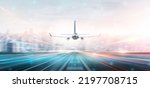 Small photo of Technology digital future of commercial air transport concept, Airplane taking off from airport runway on city skyline and world map background with copy space, Moving by speed motion blur effect