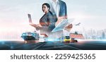 Small photo of Business and technology digital future of cargo containers logistics transportation import export concept, Engineer using laptop online tracking control delivery distribution on world map background