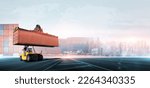 Small photo of Container handler forklift lifting in shipping yard with stack of colorful containers box background, copy space, Logistics import export goods of freight carrier and transportation industry concept