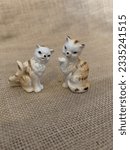 Small photo of Pair Of Vintage Orange Strip Tabby Cat Miniature Figurines, Japan, Kitsch Cats