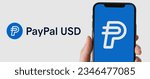 Small photo of Buenos Aires, Argentina; 08-10-2023: the logo of PYUSD on a smartphone. PayPal has launched his new Dollar Stablecoin. Banner horizontal.