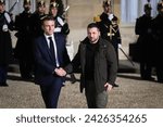 Small photo of Paris, France, 16-02-2024 : The President of the Republic Emmanuel Macron welcomes the President of Ukraine Volodymyr Zelensky at the Palais de l’Elysee in Paris.