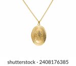 Gold Oval Locket Necklace -
This image shows a delicate gold oval locket necklace attached to a chain. The locket likely contains a small photo or memento, making it a sentimental and beautiful piece 