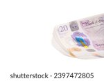 United kingdom 20 pounds bank notes with editorial text space.