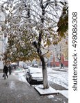 Small photo of Chortkiv - Ternopil - Ukraine - October 24, 2014. Chortkiv suddenly and too soon the first snow fell. Later he quickly melted.
