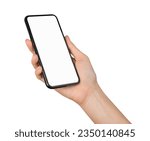 Small photo of Clipping path, Hand holding the black smartphone with mockup of blank screen on isolated white background.