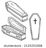 Coffin set isolated on white background. Open and closed casket sketch. Vector illustration clipart halloween set of coffins. Wooden casket for burial. 