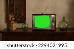 Small photo of footage of Dated TV Set with Green Screen Mock Up Chroma Key Template Display, Nostalgic living room with furniture and old mirror, Chroma Key, retro style Television, vintage evening tv concept
