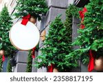 Blank outdoor signage mockup to add company logo decorated with Christmas decorations