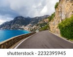 Scenic Road on Rocky Cliffs and Mountain Landscape by the Tyrrhenian Sea. Amalfi Coast, Positano, Italy. Adventure Travel
