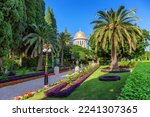 Bahai Gardens in Haifa, Israel. Cloudy Blue Sky. Tourist Attraction.