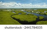 Overhead view of Everglades swamp with green vegetation between water inlets and rural private houses. Natural habitat of many tropical species in Florida wetlands