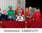Small photo of Westminster, London. June 17th 2023 - The King, the Queen, the Prince and Princess of Wales and their children on the balcony of Buckingham Palace during the Trooping the Colour celebrations.