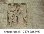 Small photo of BARCELONA, SPAIN, SEPTEMBER 30, 2021, Modern Sculptures of the Passion facade, architecture detail of Sagrada Familia cathedral by Antonia Gaudi, Barcelona, "a September 2021