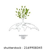 Small photo of Environmentally friendly planet. Symbolic tree made from green leaves and branches with sketches map of the world. Minimal nature concept. Think Green. Ecology Concept. Top view. Flat lay.