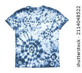 Small photo of Tie dye pattern t-shirt isolated on white background. Hand painted indigo blue navy colored tiedye elements on white backdrop. Abstract hippy psychedelic fashion texture. Space for text.