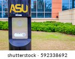 Small photo of MONTGOMERY, ALABAMA - FEBRUARY 11, 2017: Emergency "Push For Help" station: Emergency assistance stations positioned periodically on the campus of Alabama State University for students under duress.