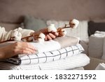 Small photo of Well groomed woman hands holding the cotton branch with pile of neatly folded bed sheets, blankets and towels. Production of natural textile fibers. Manufacture. Organic product.