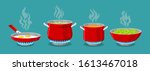 Cooking pot and pan on gas stove. Boiled water in pots, pasta in saucepan and scrambled eggs in dripping pan, vector illustration for kitchen cook