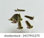 Small photo of Few screws, sekrup ulir isolated in gold, threaded screw bolt nuts long screw yellowish chromed, screws isolated on white background