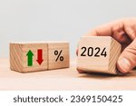Small photo of Year 2024 business concept. Economic and financial analysis, interest rates, stocks, bonds, ranking, mortgage, loan rates, Percent, up or down, arrow symbol, close up