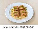 Small photo of Turkish Dessert Sobiyet soguk Baklava, mussels baklava and classic baklava with Pistachio . Cevizli, Fistikli Baklava, top view.