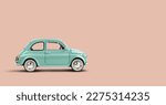 Model retro toy car on pink peach background. Miniature car with copy space