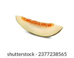 Small photo of Slice of a tasty green tendral melon in a cross-section, isolated on white background with copy space for text or images. Sappy flesh with seeds. Pumpkin plant family. Side view. Close-up shot.