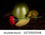 two carnations, a military helmet and a pilot