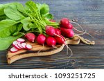 Summer harvested red radish. Growing organic vegetables. Large bunch of raw fresh juicy garden radish on dark boards ready to eat.