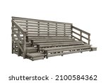 Corner perspective view of a wooden bleachers construction with seats for spectators watching sports. 3D rendering isolated on white.