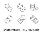 Cookie doodle illustration including icons - fresh sugar biscuit, crisp cracker, glass of milk, pastry, snack. Thin line art about confectionery products. Editable Stroke