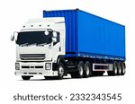 Semi Trailer Trucks Isolated on White Background. Shipping Cargo Container, Delivery Trucks, Distribution Warehouse. Import- Export, Freight Trucks Cargo Transport. Warehouse Logistics.