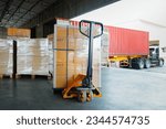 Package Boxes Wrapped Plastic Stacked on Pallets Load into Cargo Container. Trucks Loading Dock Warehouse. Supply Chain Warehouse Shipping, Shipment Goods. Freight Truck Logistic, Cargo Transport.