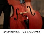 Small photo of cello, double bass on stage. The magnificent double bass. Close up of contrabass on stage. horizontal image