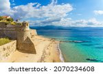 Landscape with  Saint Francois beach and old citadel  in Ajaccio, Corsica
